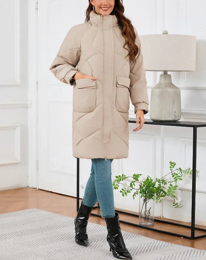 Eleganter Wintermantel für Damen, 2025, neu, mit Reißverschluss, Kapuzenpullover, langärmelig, warm, schmal geschnitten, Baumwolljacke, Taschen, Overknee-lange Jacke