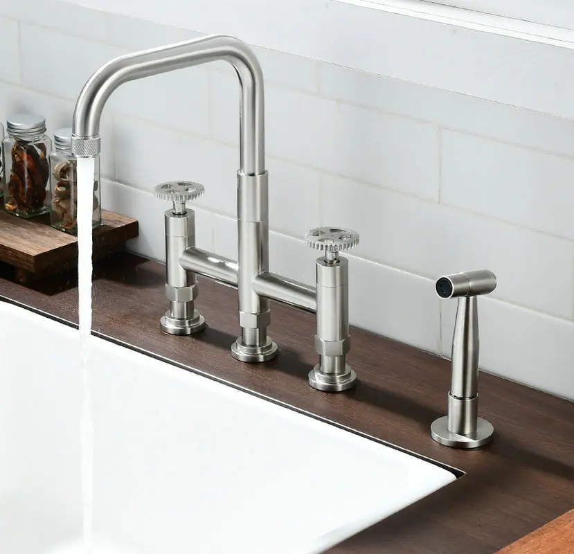 Stainless Steel Pull-Out Kitchen Faucet with Dual Ceramic Discs 4-Hole Design for Hot And Cold Water Modern Sink Faucet