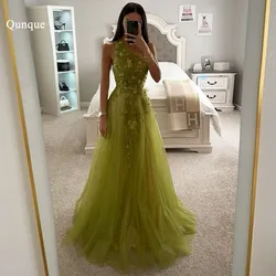 Qunque Mustard Green One Shoulder Prom Dresses Appliques Flowers Belt Evening Gowns Customized Formal Dress Vestidos De Noche