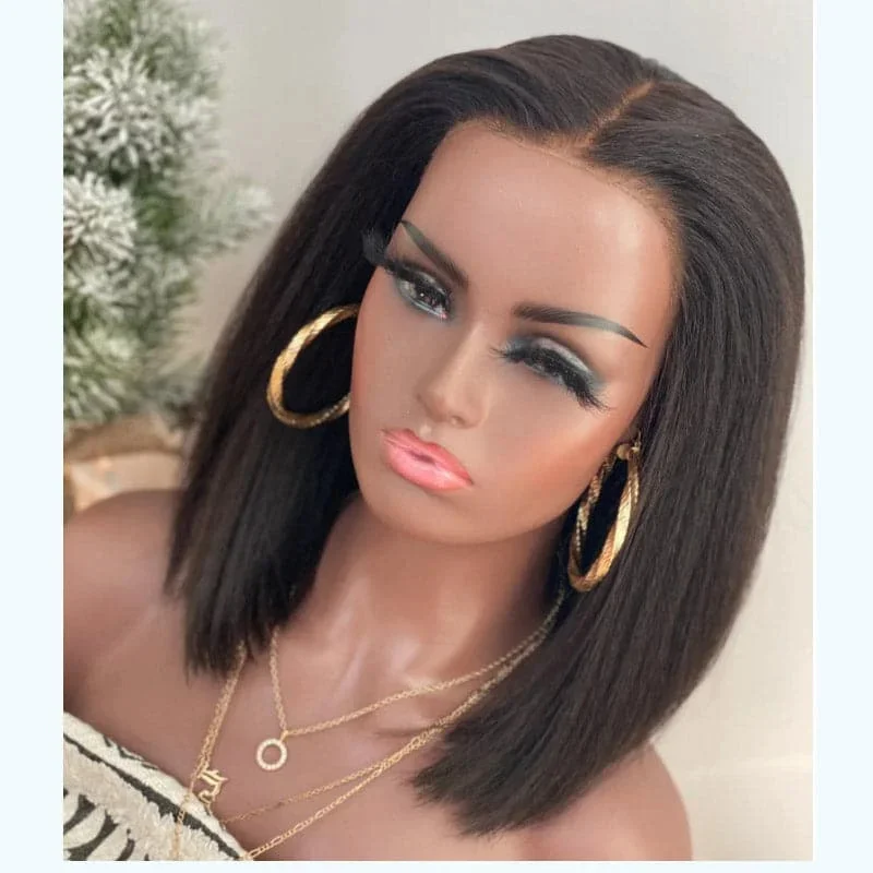 Natural Black Soft 22'Short Cut Bob Natural Hairline Kinky Straight Lace Front Wigs For Black Women With Baby Hair Daily Wig