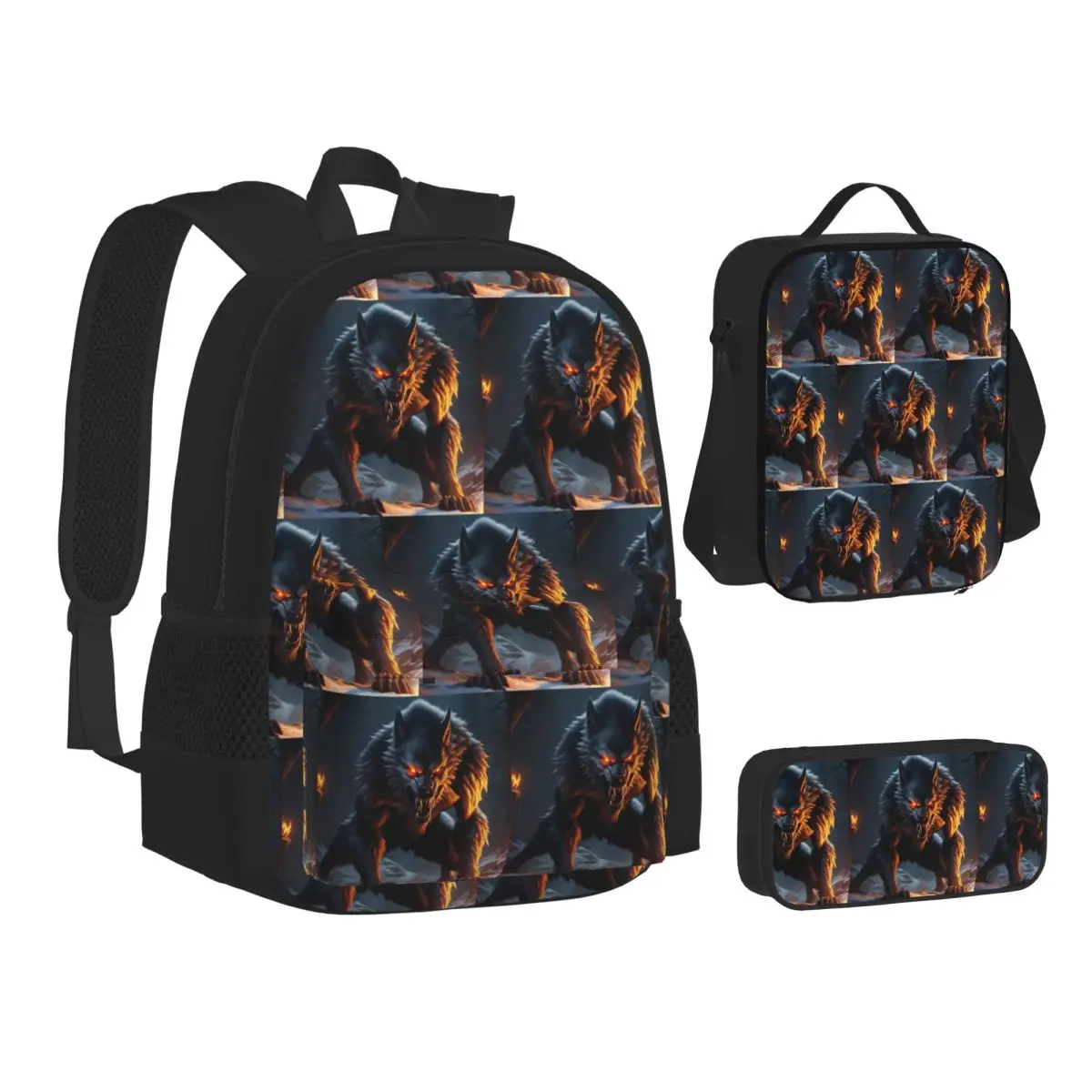 

The Werewolf Backpacks Boys Girls Bookbag School Bags Kids Rucksack Lunch Bag Pen Bag Three-Piece Set