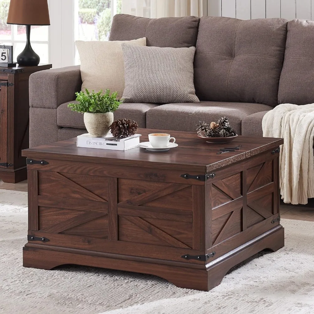 Farmhouse Coffee Table, Square Wood Center Table with Large Hidden Storage Compartment for Living Room