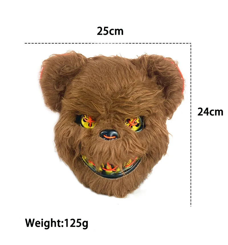 LED Bloody Bear Mask Halloween Masquerade Plush Brown Bear Mask Light Up Killer Assassinated Black Bear Haunted House Mask