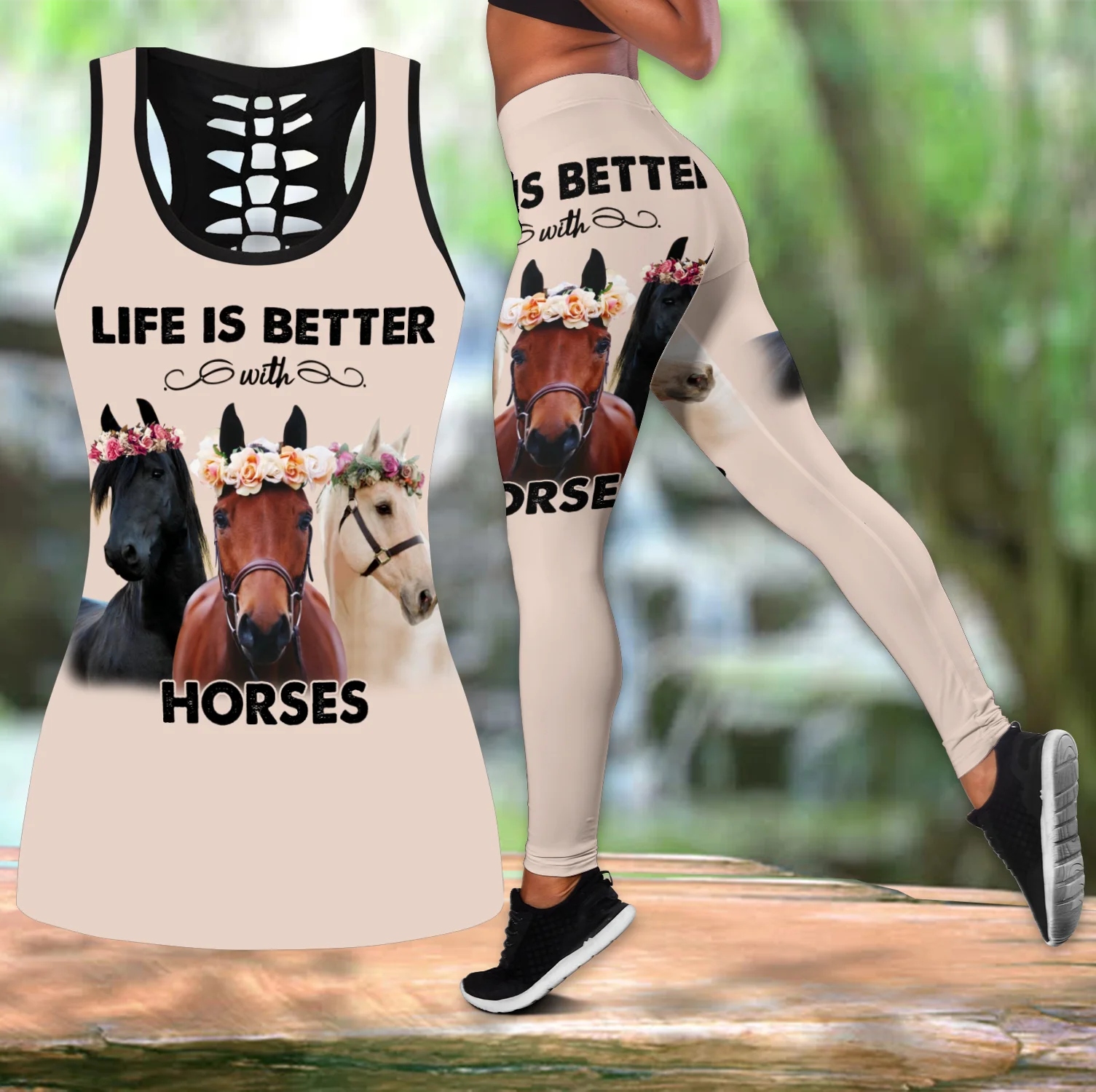 La vida es mejor con el caballo 3D completamente estampado hueco camiseta sin mangas y Leggings conjunto Fitness mujer mallas de longitud completa DDK87