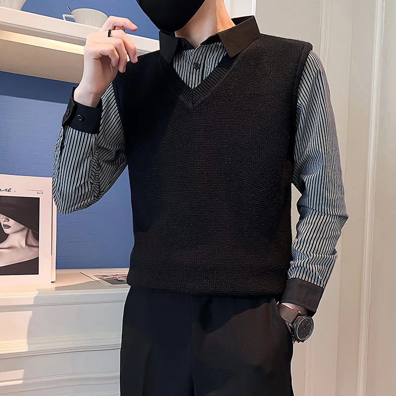 Fake Two Piece Sweaters Men Handsome Smart Casual Hong Kong Style Panelled Chic Streetwear Cozy Outer Temperament Fashion New