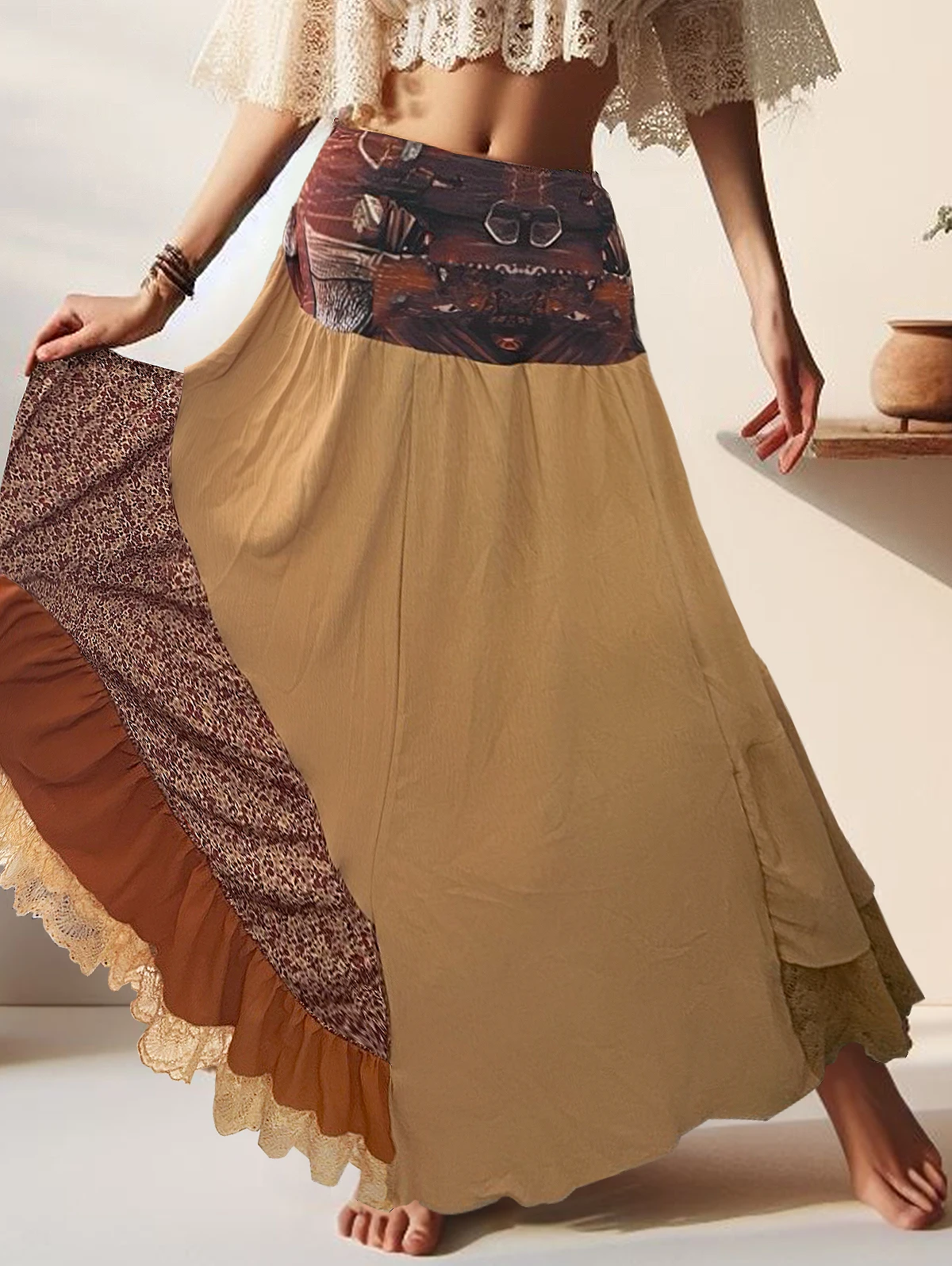 Women’s Retro Patchwork A-Line Pleated Bohemia Long Skirt High Waist Casual Elegant Streetwear for Women 2026 Summer