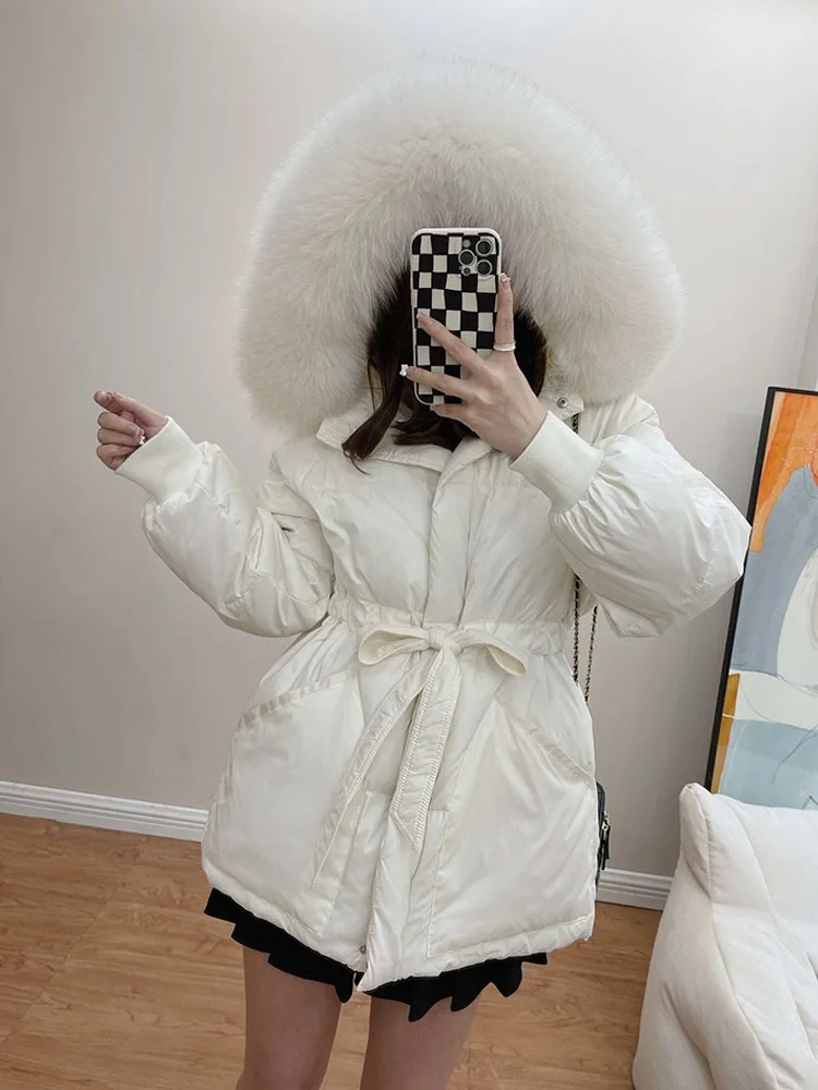 ew Winter Thick Warm Short Jacket Women Big Faux Fur Collar Hooded Parkas 90% White Duck Down Coat Lace-up Outwear