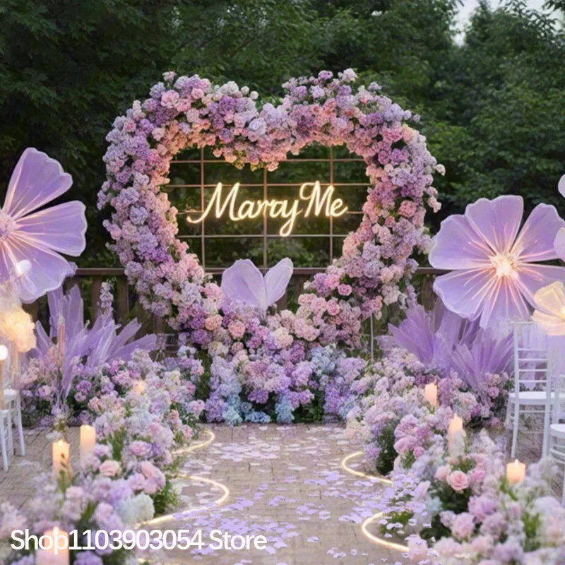 Rosa-weiße Rosen-Hortensien 5D Blumenreihe Arrangement Dekoration Hochzeitshintergrund Herzförmiger Bogenrahmen Bühnenblumenständer Requisiten – Detail 2