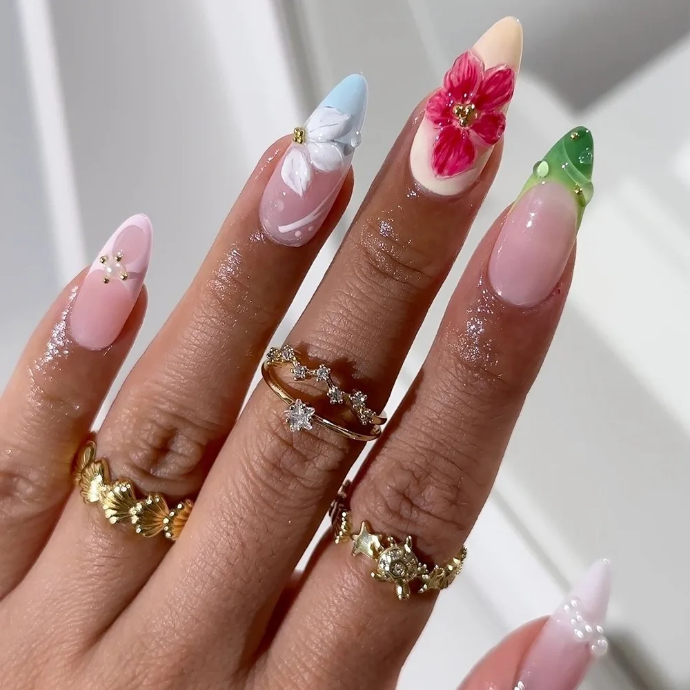 

24Pcs Mid-length French Almond Fake Nail 3D Flower Red Smudge Design Press on False Nails Pearl Detachable Full Cover Nails Tips