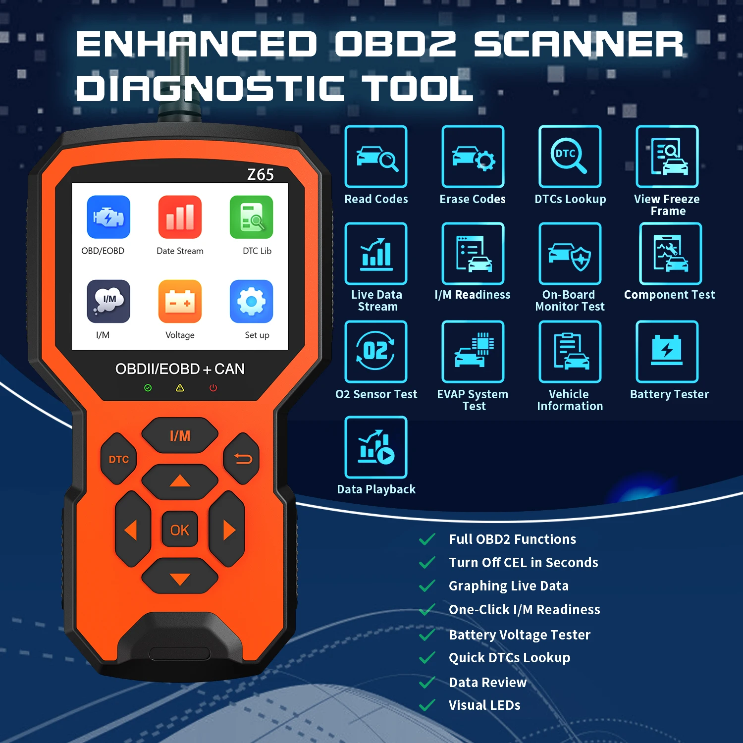 Z65 OBD2 Professional Car Scanner Engine Fault Code Detector Oxygen Sensor Tester Automotive Auto Diagnostic Tool