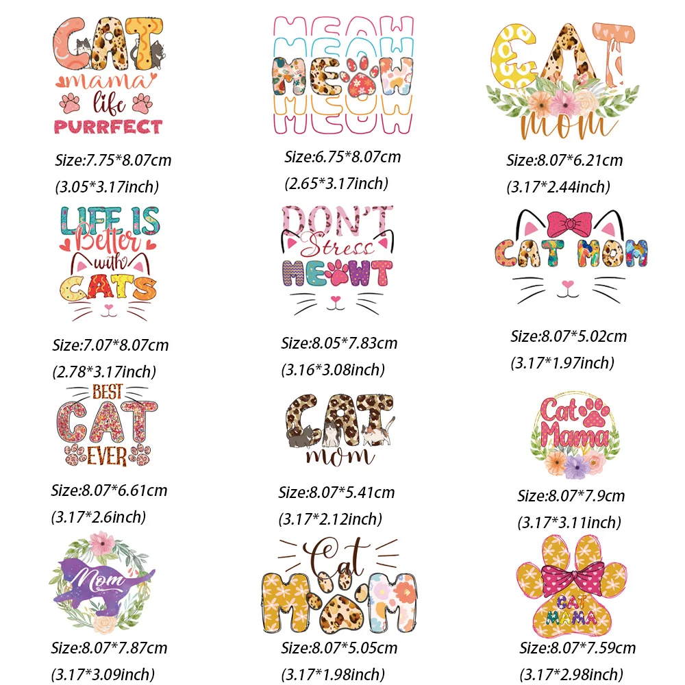 12PIECE Hot Sale Interesting cat cartoon stickers Iron On DTF Plastisol Transfer Stickers For DIY Clothes Bags