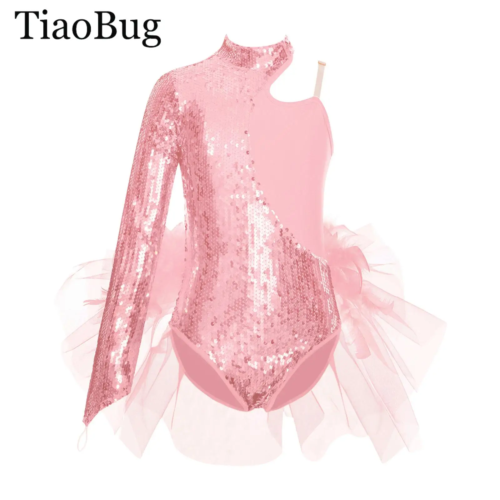 

Girls Long Sleeve Sequin Tulle Skirted Leotard Ballet Gymnastics Jumpsuit Figure Skating Feather Tutu Bodysuit Jazz Dancewear