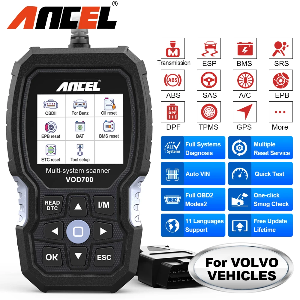 ANCEL VOD700 OBD2 Car Diagnostic Tool Full System Diagnose BAS Oil TPMS EPB BMS DPF Reset OBD ODB 2 Automotive Scanner For Volvo