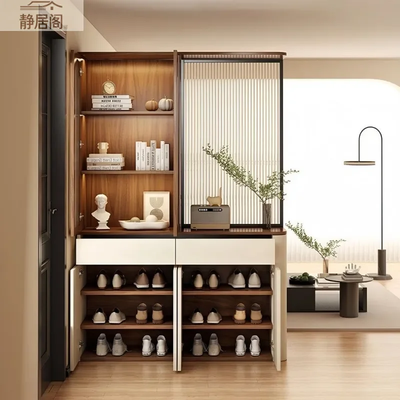 Medieval Wall Mounted Entrance Cabinet Large Capacity Living Room Storage Locker Glass Display Screen Foyer Shoe Cabinet