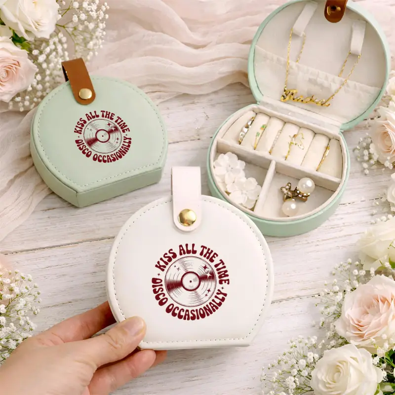 

Kiss All The Time. Disco Occasionally Round Jewelry Storage Box Travel Jewelry Box Smooth Leather Surface Album Merch Tour Gift