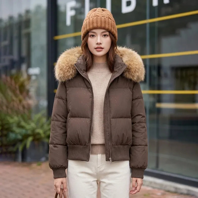 Women Autumn Winter Hooded Faux Fur Collar Puffer Jackets Loose Warm Zipper Solid Windproof Pockets Short Female Outerwear