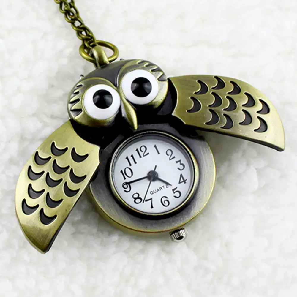 Vintage Bronze Retro Slide Smart Owl Pendant Long Chain Necklace Pocket Watch