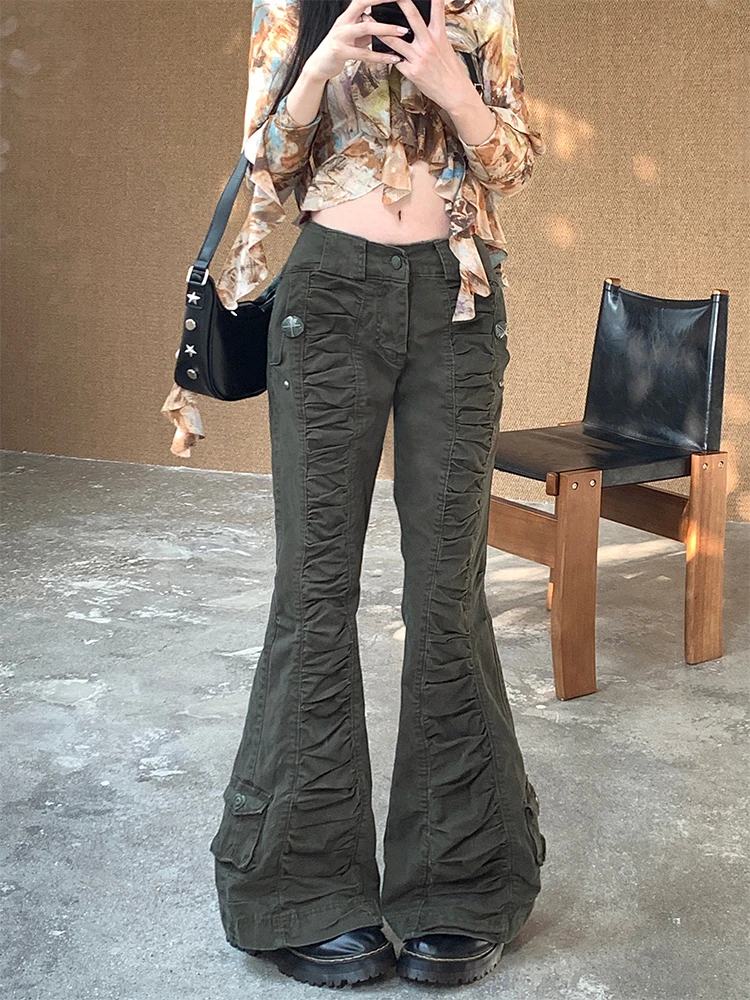 Women Green Y2k Flare Jeans Harajuku Aesthetic Japanese 2000s Style Baggy Cargo Denim Trousers Vintage Jean Pants Trashy Clothes