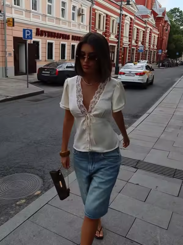 CNYISHE Lace Patchwork Solid Short Sleeve Tops for Women V Neck Sheath Fashion Tees Female Sexy Club T-shirts Elegant Casual - Image 2