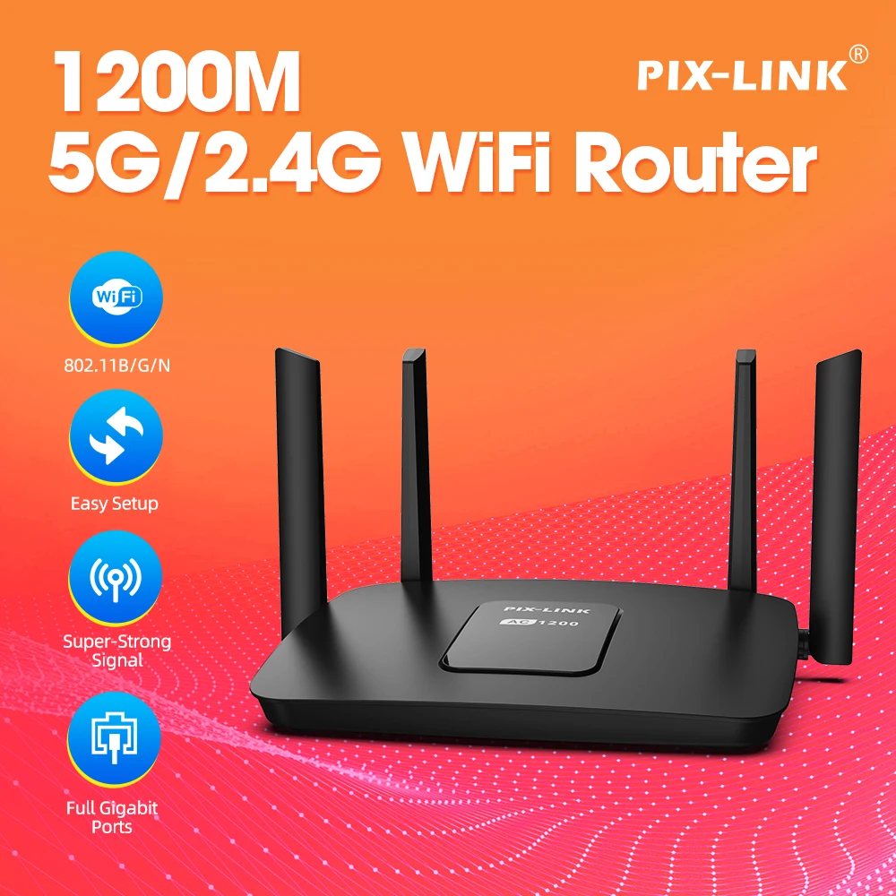 PIXLINK Wireless Router 1200Mbps Dual Band WiFi Repeater Signal Amplifier with 4 Gigabit Ports Smart Tech 5GSIM Penetration AC22