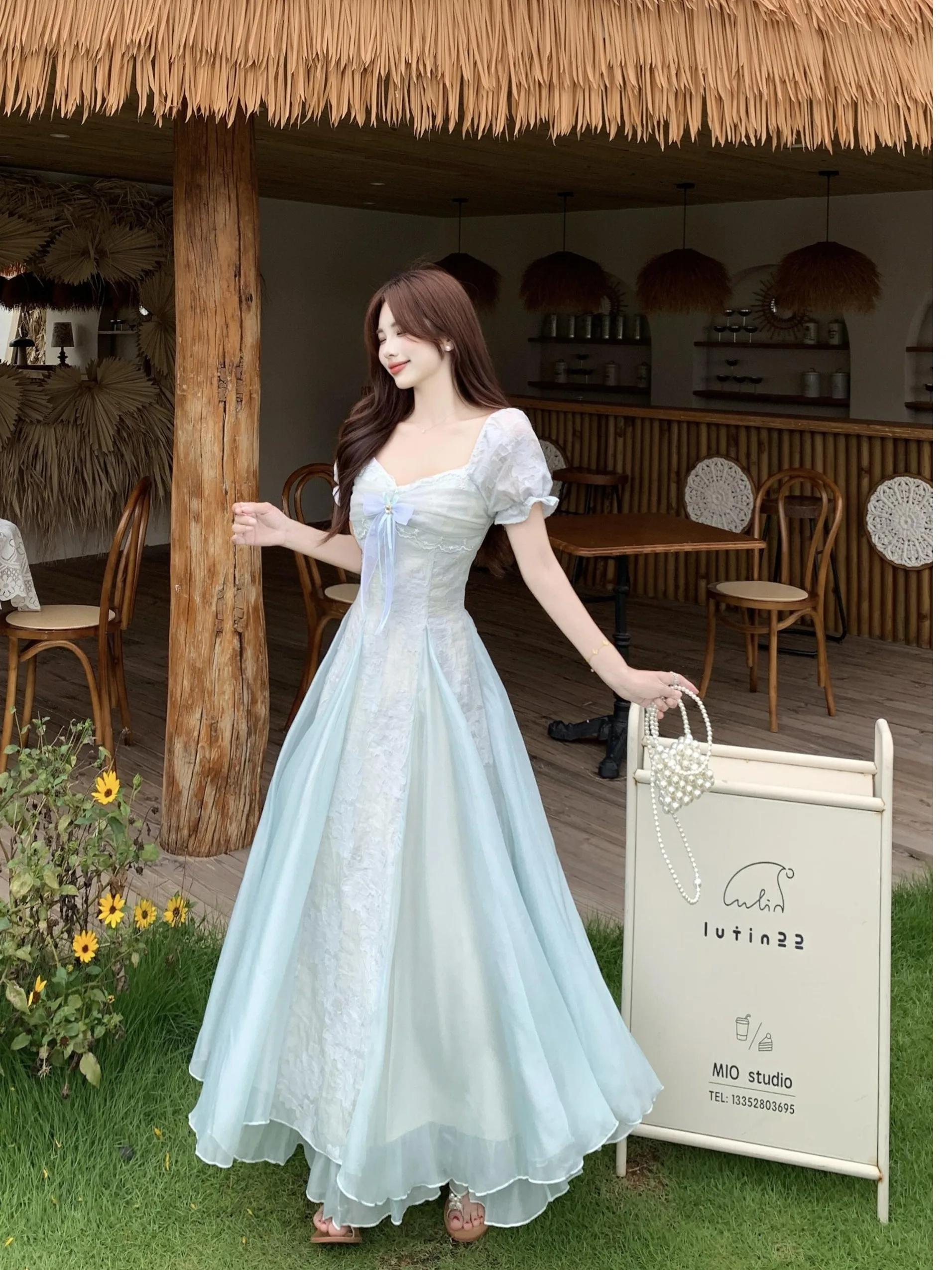 

Sweet Style plus Size Women's Dress Square Collar Short Sleeve Mesh A-Line Long Dress Summer New Fashion Waist-Cinching Gown