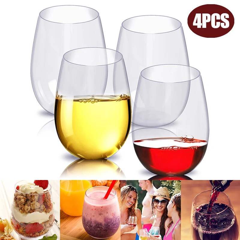 

4 Pcs Stemless Transparent Wine Glass Set Plastic Wine Drink Cup Water Fruit Juice Beer Cup Shatterproof Unbreakable Reusable