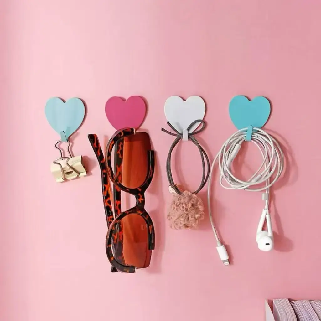 Pink heart sticky hooks Wall decoration key hooks Metal Bathroom room without punch hooks