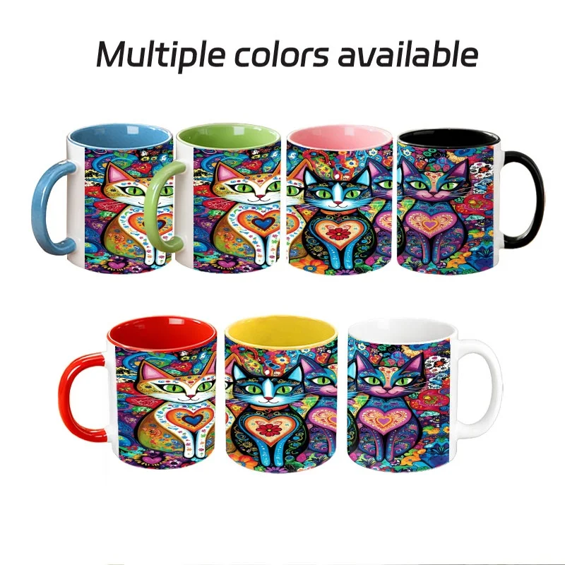 11oz ceramic coffee mug featuring a vibrant, double-sided cat design with three playful, adorable cats and lively floral and heart patterns; hand wash only — an ideal gift for cat lovers, perfect for birthdays, Christmas, and office holiday exchanges.