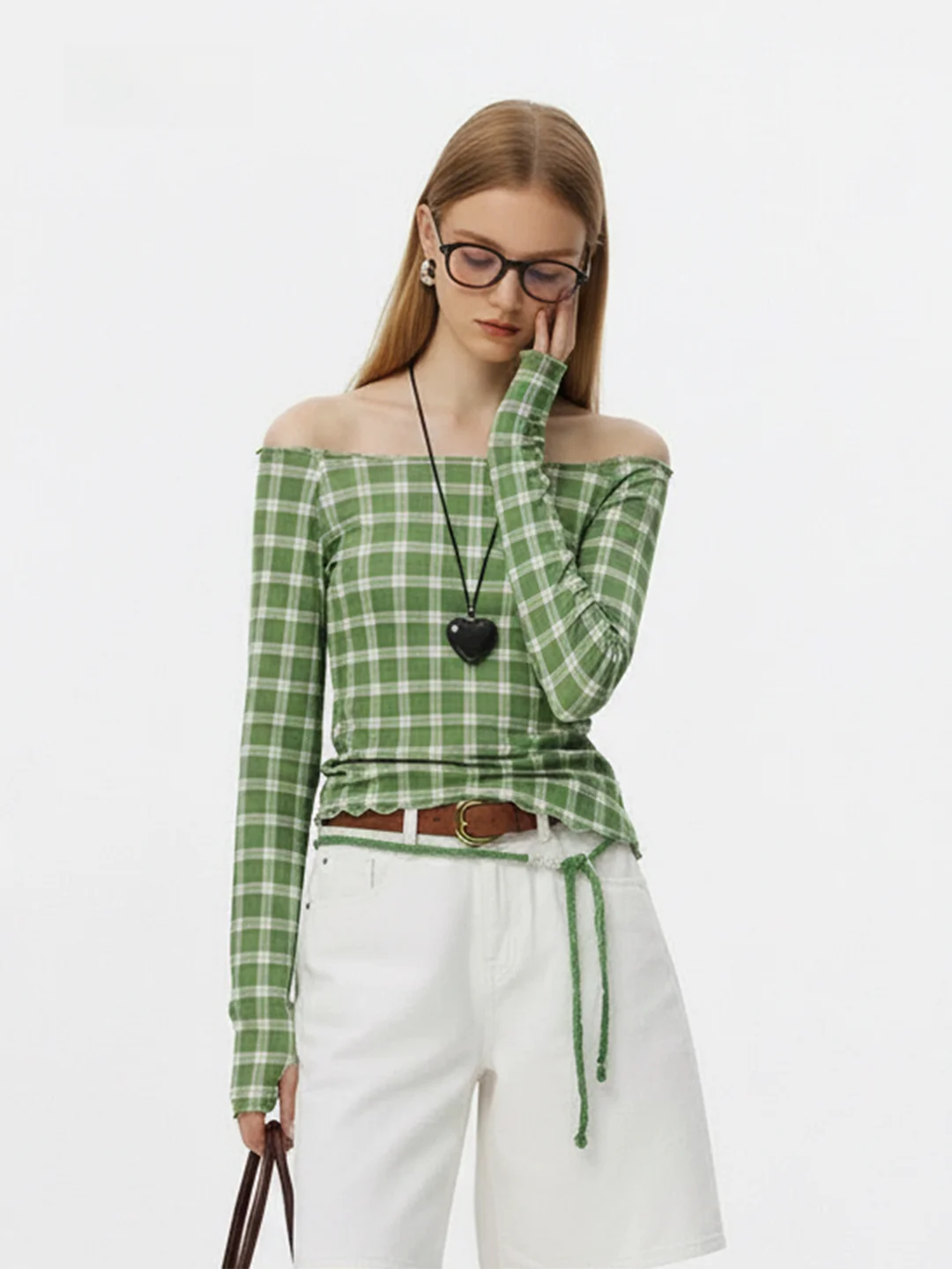 

AHMI een Plaid Ruffle One-oulder Slim Fit Long Sve T-irt Women's Spring Summer New Sle Breathable Comfortable Top