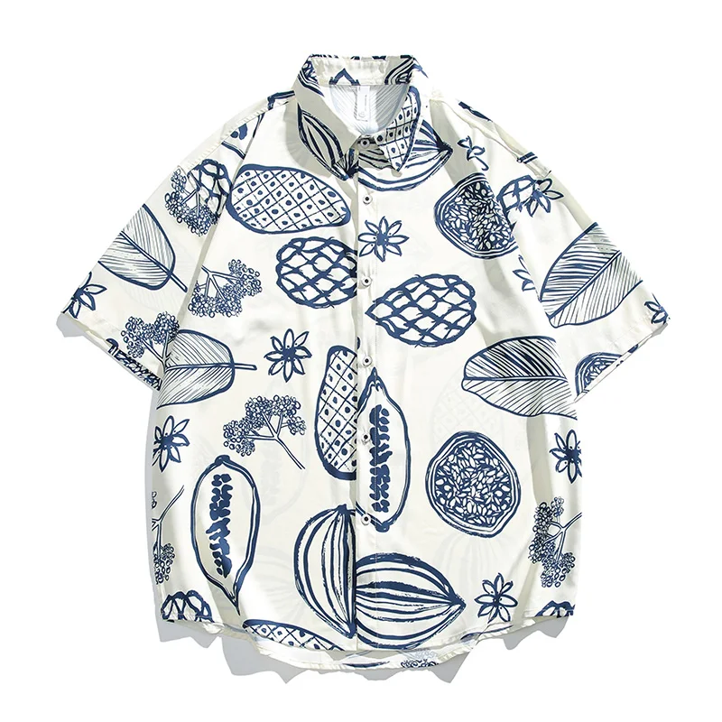 

Summer Men's Turn-down Collar Geometric Cartoon Plant&Flowers Printing Short Sleeve Button Cardigan Shirt Preppy Style Tops