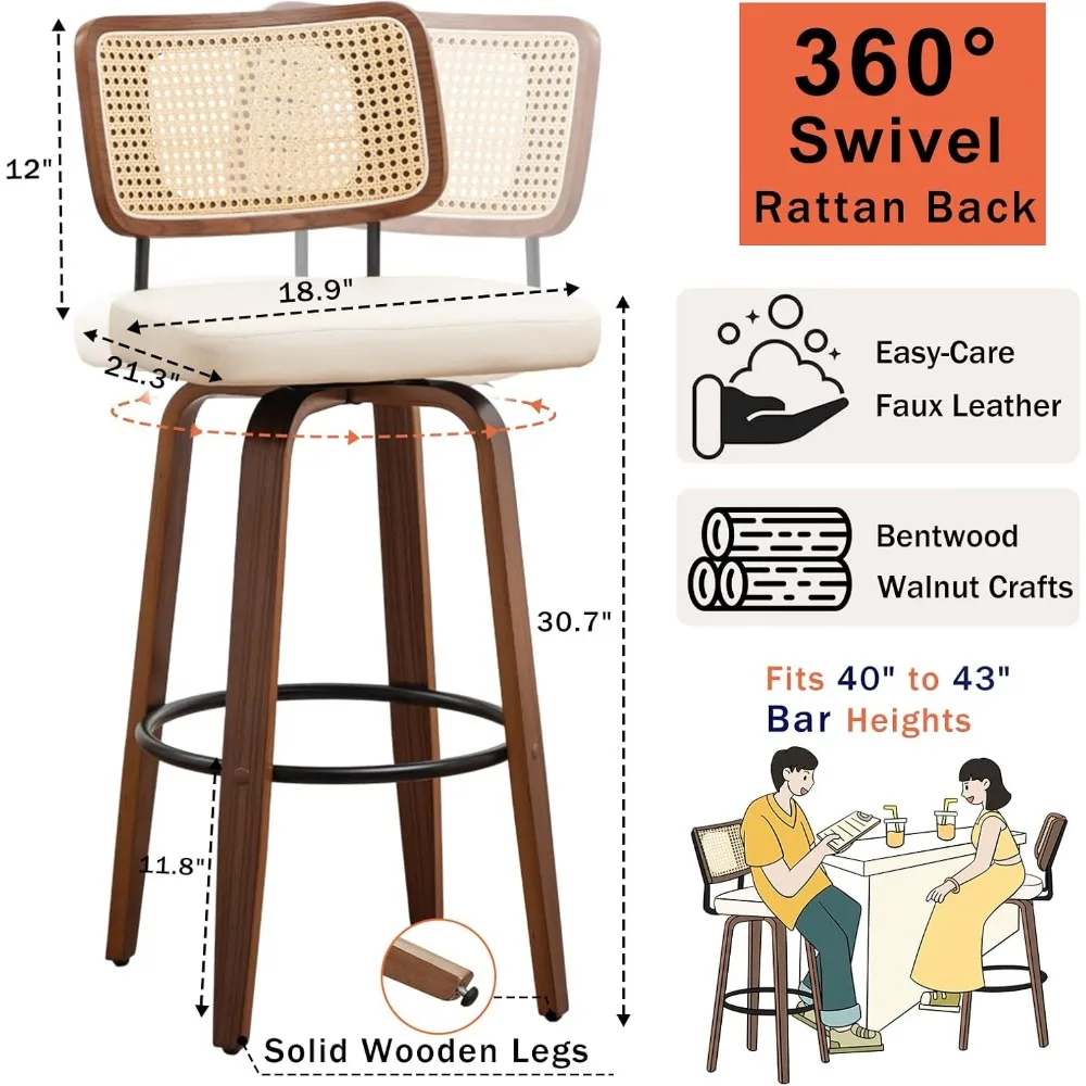 Rattan Swivel Bar Stools with Walnut Craftsmanship, Curved Rattan Back, Upholstered Seat, Mid Century Modern Bar Stools