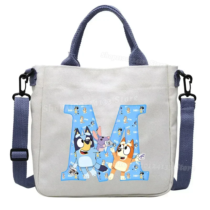 Bluey Canvas Tote Bag Cute Bingo Chilli Bandit Dog Family Letter A-Z Detachable Shoulder Strap Large Capacity Shoulder Handbag