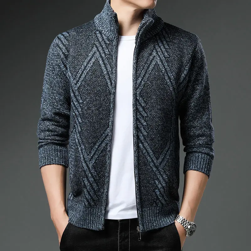 Autumn Winter New Men Stand Neck Stripe Cardigan Sweaters Zipper Casual Korean Male Clothes Fashion Fleece Knitwear Coat Top