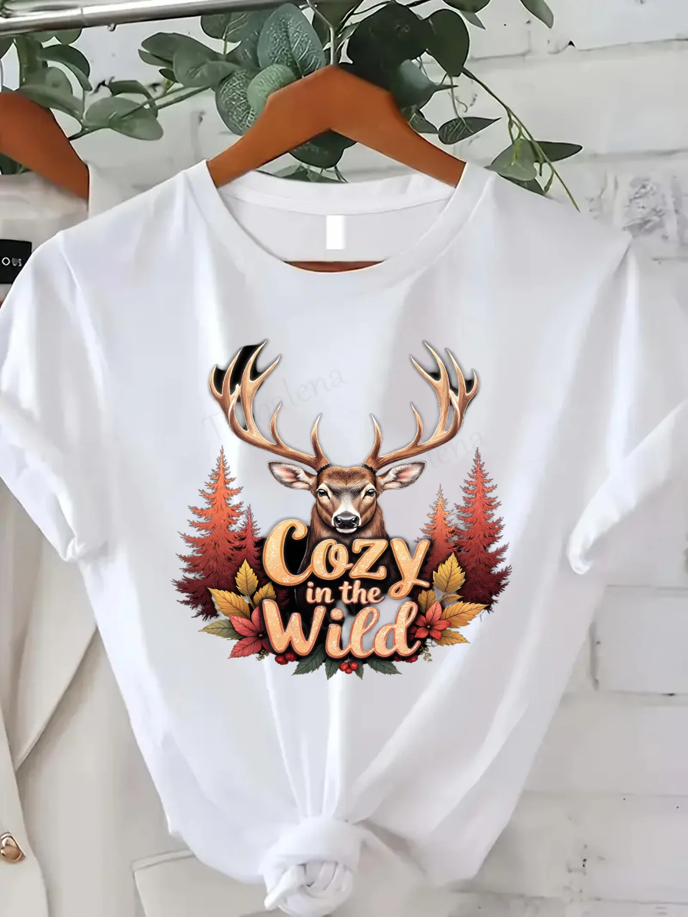 

Удобная женская футболка с принтом, уютная футболка в диком лесу оленя для женщин, осенняя футболка с рисунком