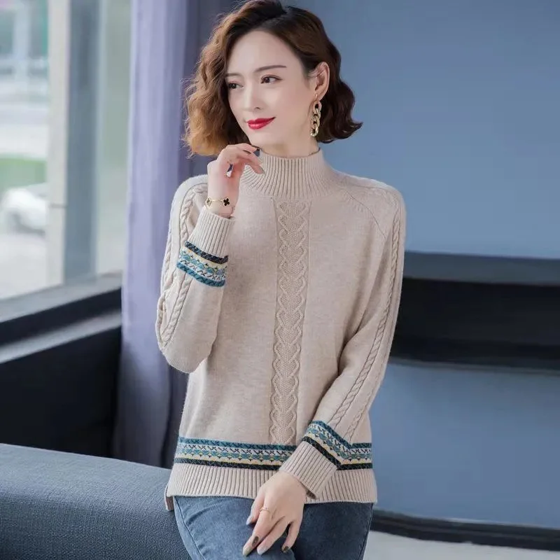 New Turtleneck Jumper Woman Knitted Blouses Fashion Ladies Sweaters Winter Thermal Striped Long Sleeve Autumn Warm Tops Basics