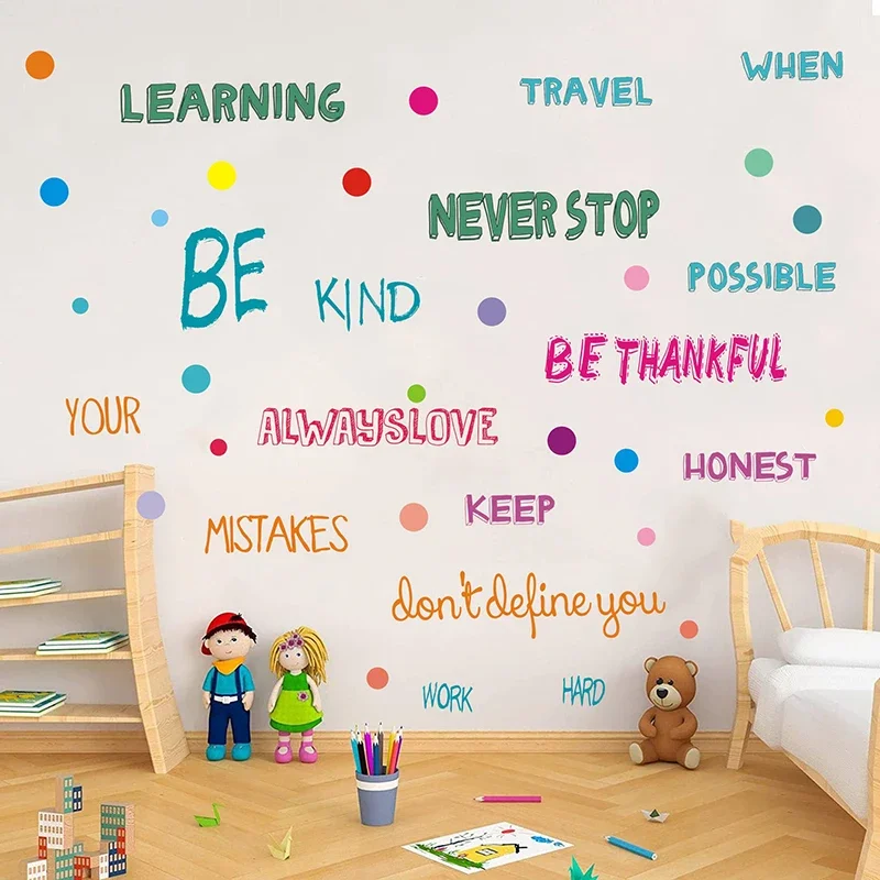 Kindergarten Inspirational Wall Stickers Decor Self-adhesive English Words Polka Dot Classroom Motivational Wall Sticker Decals