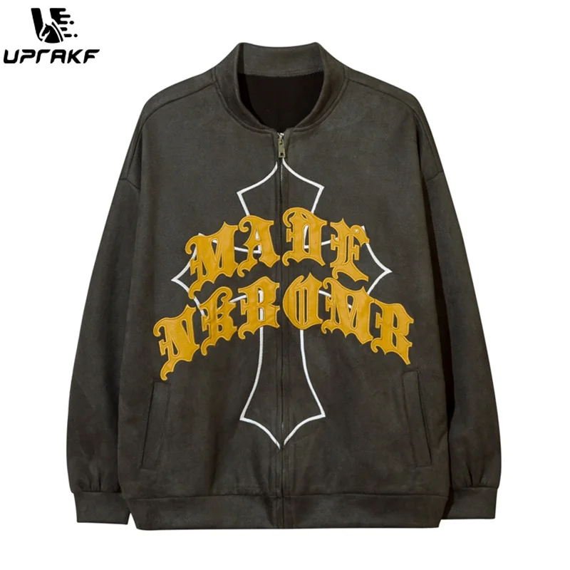 

UPRAKF Retro Zipper Jacket Big Letter Chic Loose Pocket Coat Harajuku Streetwear Fall Winter Long Sleeve Outwear