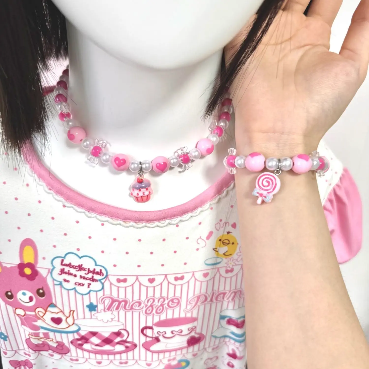 2pcs/set Cute Animal Cartoon Pink Candy Children's Sweater Necklace Pearl Bracelet for Children Gift Y2k Girls