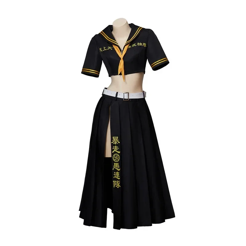 TakRevengers Anime Key Manjiro Sano Cosplay Costume pour femme, haut noir sexy, jupes longues, uniforme, vêtements de fête d'Halloween