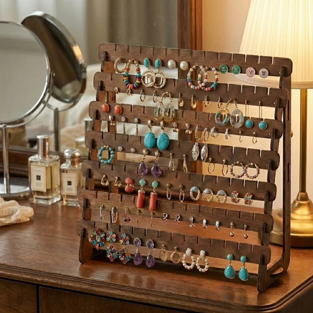

Vintage Wooden Earrings Display Stand Large Capacity Ear Studs Holder Dangle Earring Jewelry Storage Rack Counter Showcase Props