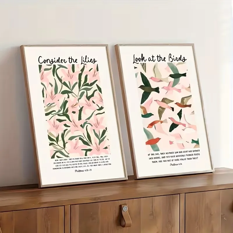 

2pcs Retro Bird Flower Canvas Poster Art Wall Inspiring Scripture Decoration Modern Living Room Dining Room Interior Home Decor