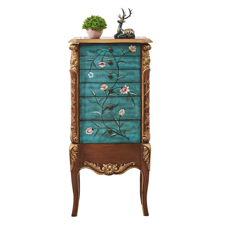 Solid Wood Golden Curio Cabinet Jewelry Storage Finishing Side Cabinet Retro Painted Cabinet