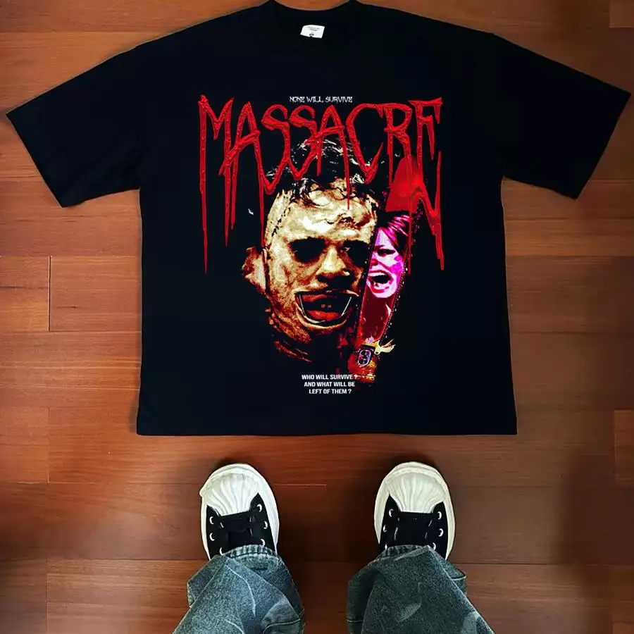 

Texas Chainsaw Massacre Horror Movie American Small Neckline To Make Old Retro Cotton Street Long Short Sleeve T-shirt Trend