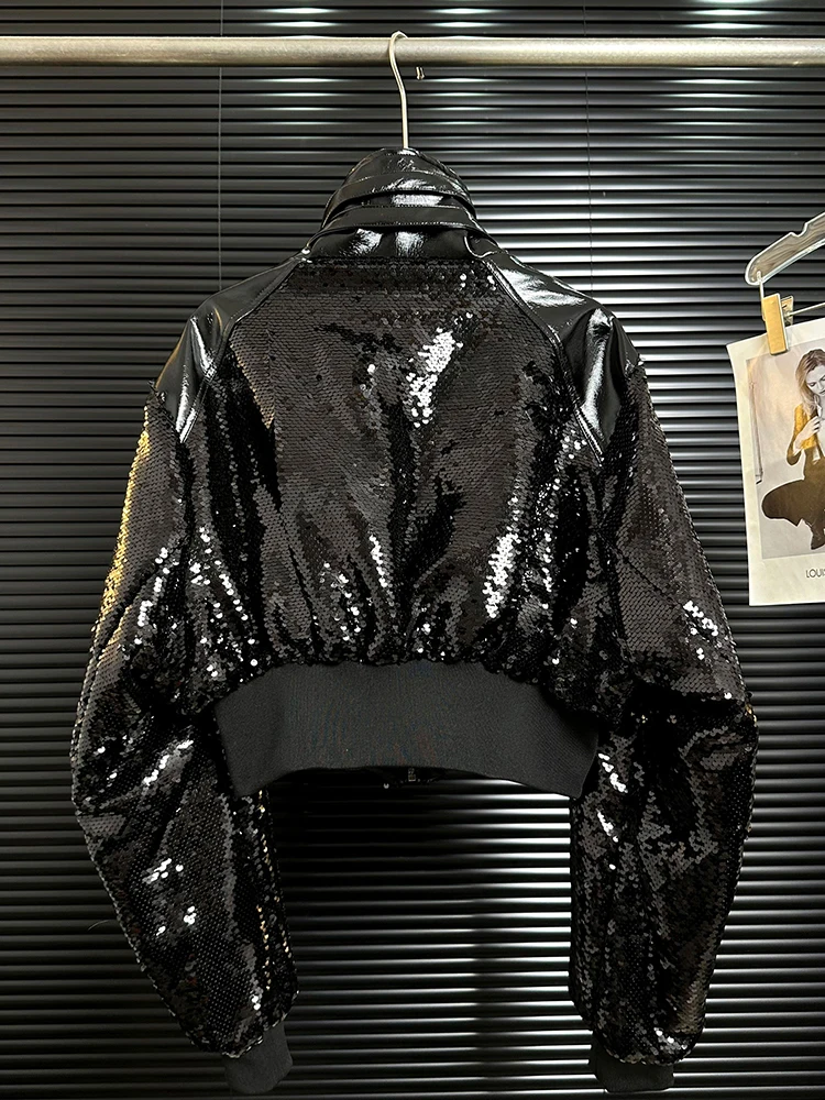 Schwere Industrie Blingbling Pailletten Schnürung gespleißte Leder kurze Jacke Damen Frühling und Herbst Temperament Mode Jacke