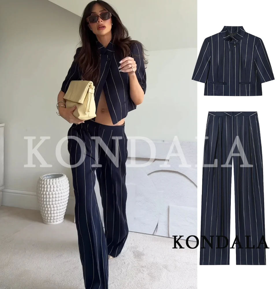 KONDALA Elegantes Pendler-Set für Damen: Gestreifter Kurzarm-Blazer und Plissierte Hose im High-Street-Stil – Sommer 2026 Trendiges Hosen-Set