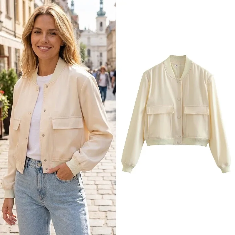 SMVP Frühlings-Damenmode, einfarbige Bomberjacken, Mantel mit Taschen, V-Ausschnitt, einreihig, lange Ärmel, weibliche, schicke Damen-Outfits
