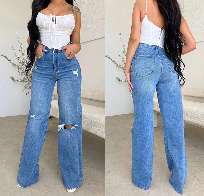 Elegant Women's Jeans Streetwear Summer 2025 New High Waisted Perforated Comfortable Wide Leg Pants Long Trousers for Female