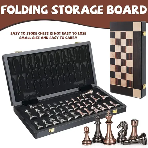 Avancerade schackpjäser i metall, 38 cm/15 tum, schackbräde i ebenholtsträ, hopfällbara klassiska spel för schackentusiaster 8 best sales schackpjäser i metall - №1