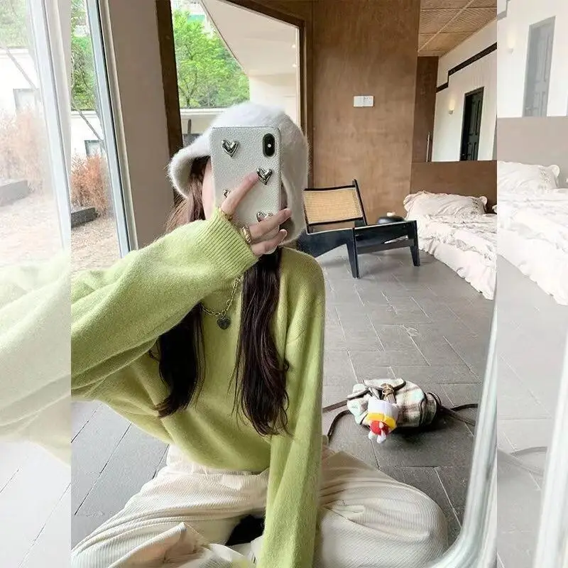 

Warm Korean Dopamine Sweater Women Winter Loose Lazy Style Soft Round Neck Pullover Knitwear Thick Outerwear Cozy Casual Fashion