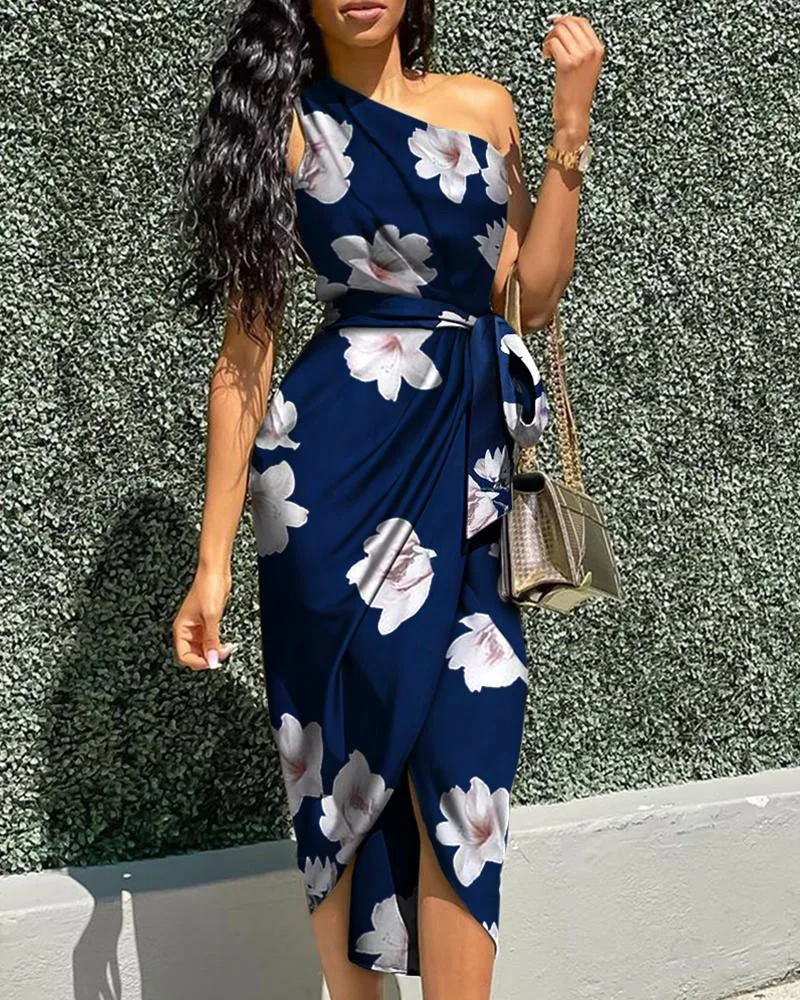 een Zijde Satijn Off-shoulder Svel Dr met Riem Losse Avondjurk voor Vrouwen Sexy Knoop Detail Hoge Taille Midi Rok